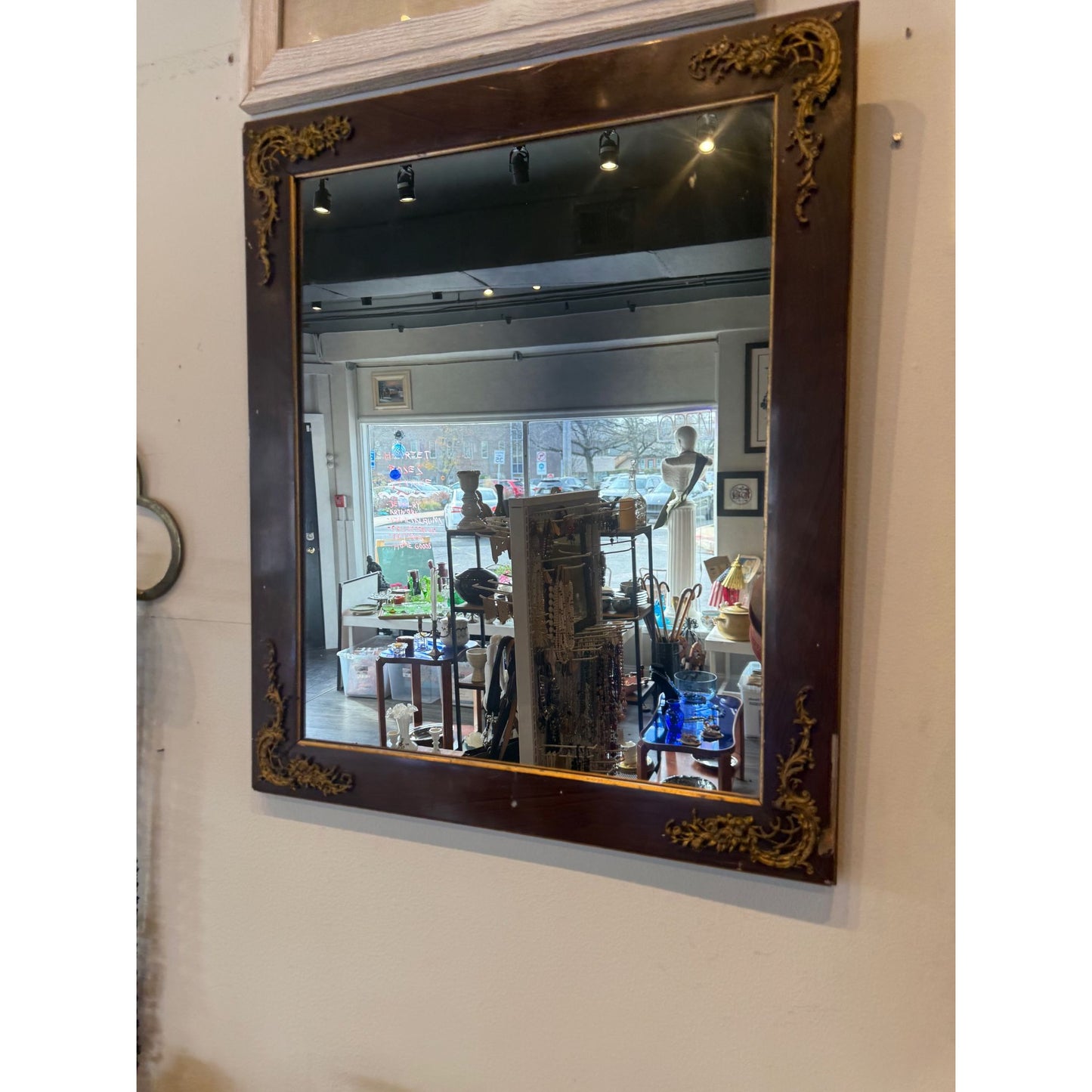 Antique Wooden Framed Mirror With Ornate Brass Floral Corner Accents