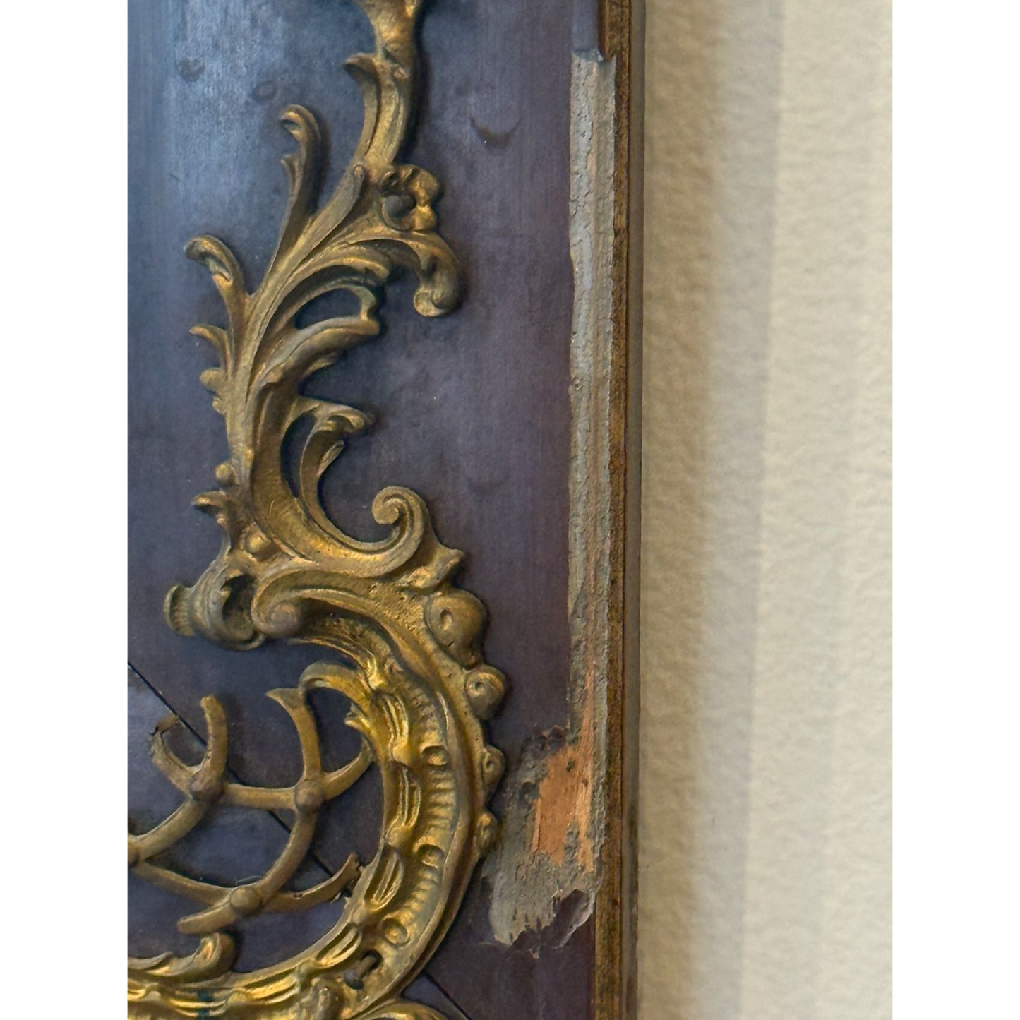 Antique Wooden Framed Mirror With Ornate Brass Floral Corner Accents