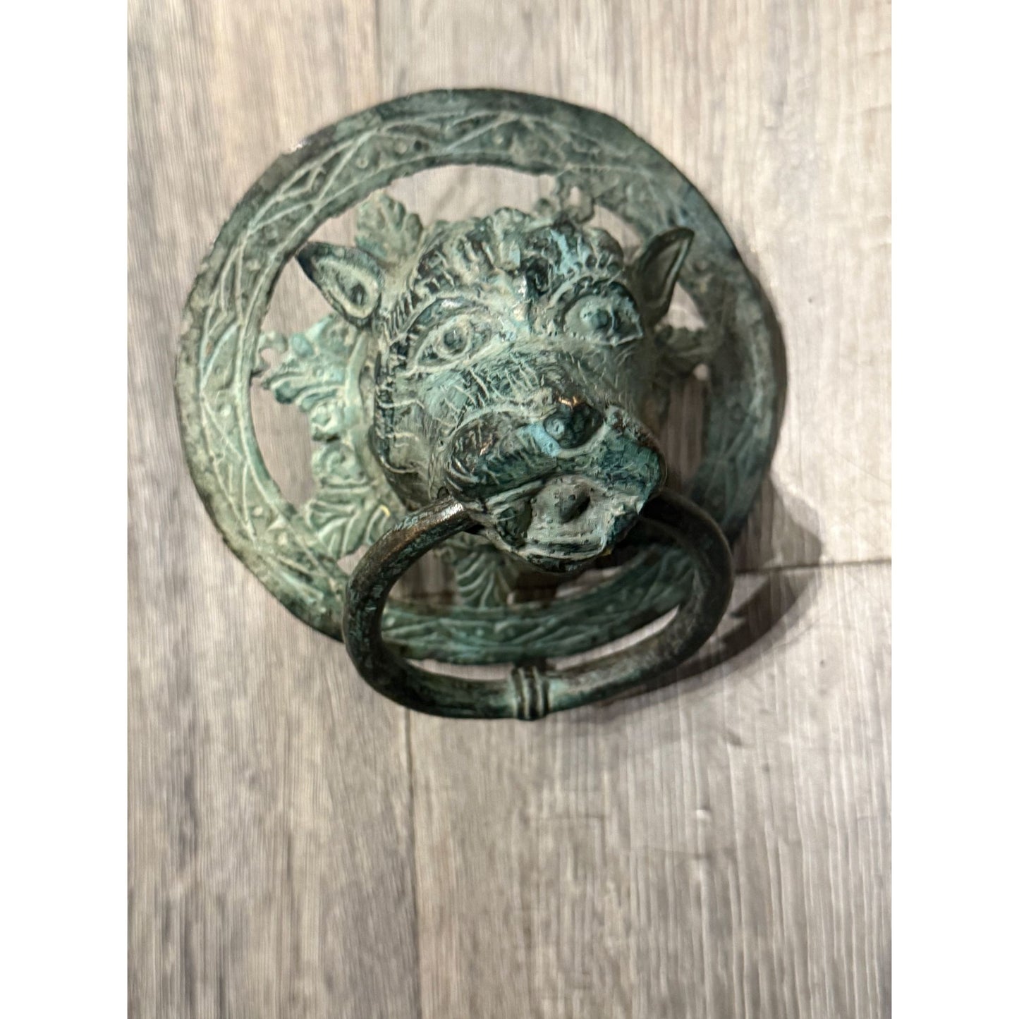 Antique Brass Lion Head Door Knocker With Circular Backplate - c 1800's