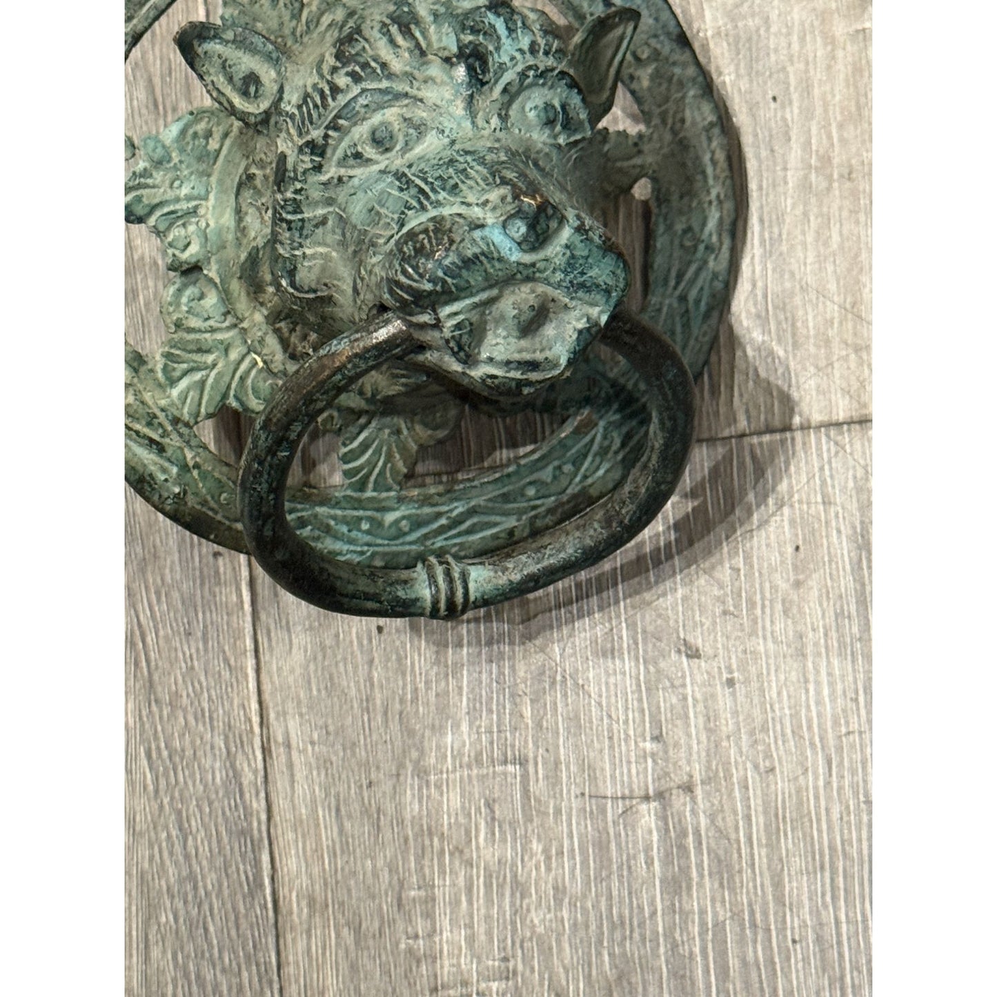 Antique Brass Lion Head Door Knocker With Circular Backplate - c 1800's