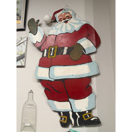 Vintage Hand-Painted Wooden Santa Claus Decoration With Mittens & Snowball