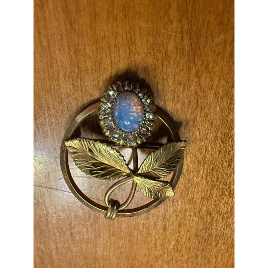 Vintage Danecraft 12K GF Leaf Brooch With Opal-Like Cabochon & Rhinestones