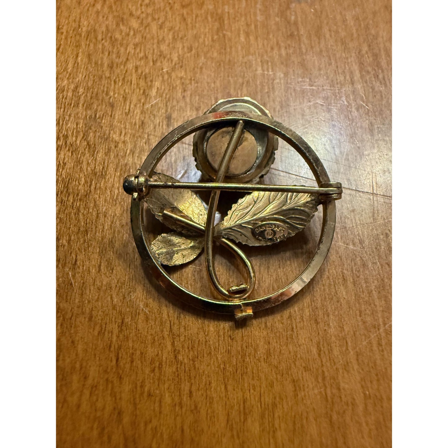 Vintage Danecraft 12K GF Leaf Brooch With Opal-Like Cabochon & Rhinestones