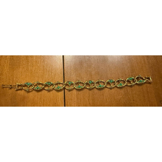 Vintage Gold-Tone Bracelet With Green Stone Accents & Intricate Rope Design
