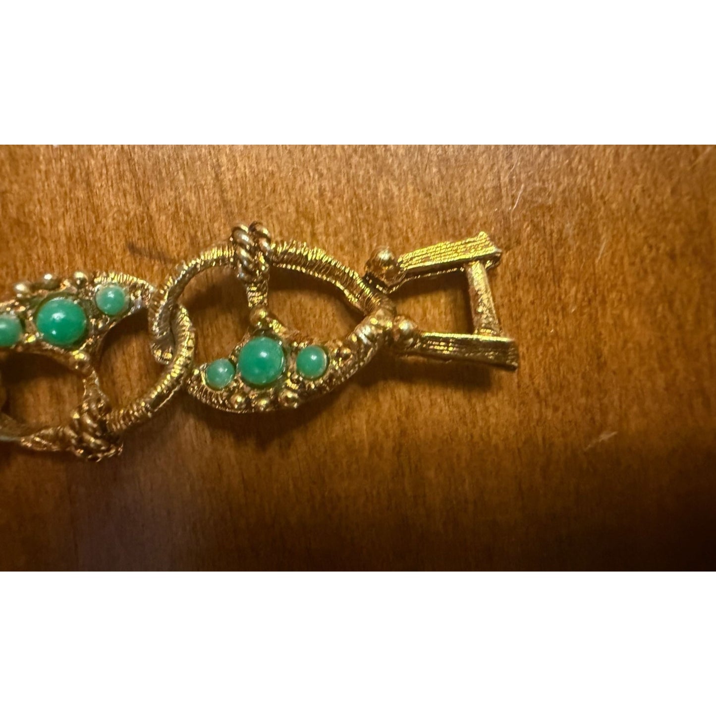 Vintage Gold-Tone Bracelet With Green Stone Accents & Intricate Rope Design