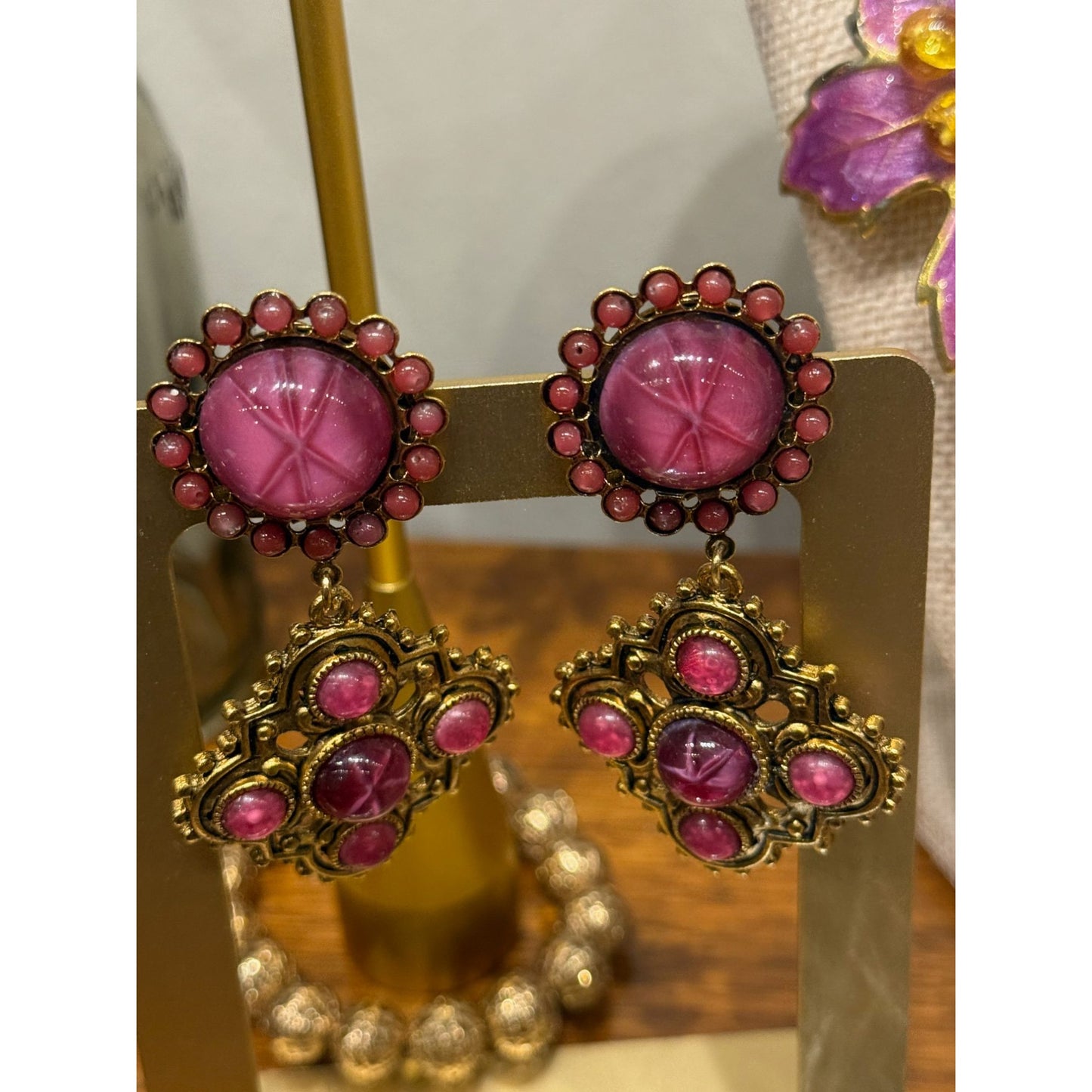 Vintage 1960's Gold Clip-On Earrings With Pink Starburst Cabochon & Ornate Design