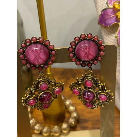 Vintage 1960's Gold Clip-On Earrings With Pink Starburst Cabochon & Ornate Design