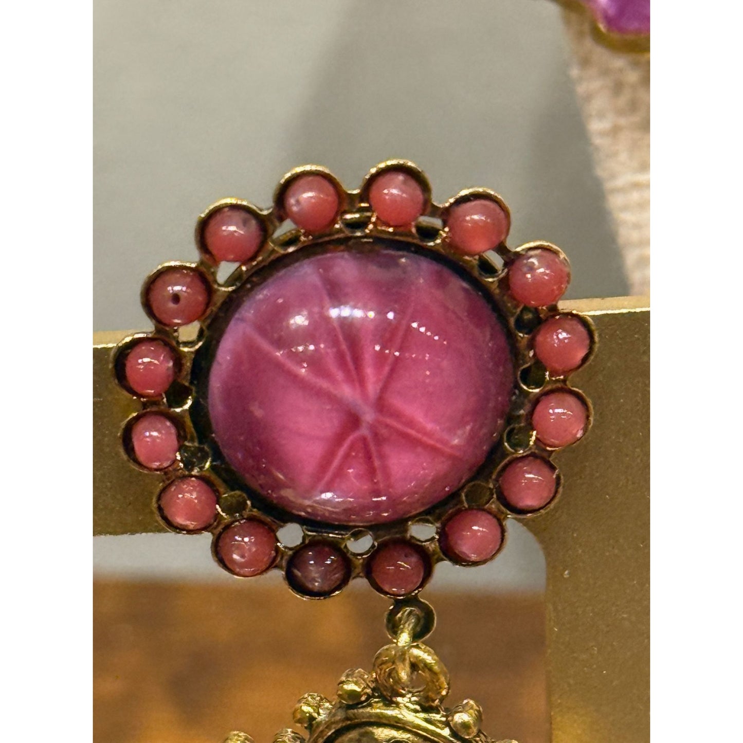 Vintage 1960's Gold Clip-On Earrings With Pink Starburst Cabochon & Ornate Design
