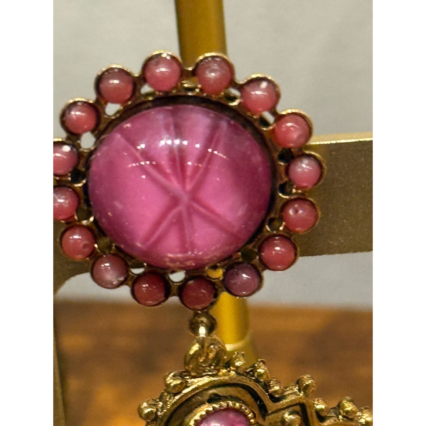 Vintage 1960's Gold Clip-On Earrings With Pink Starburst Cabochon & Ornate Design