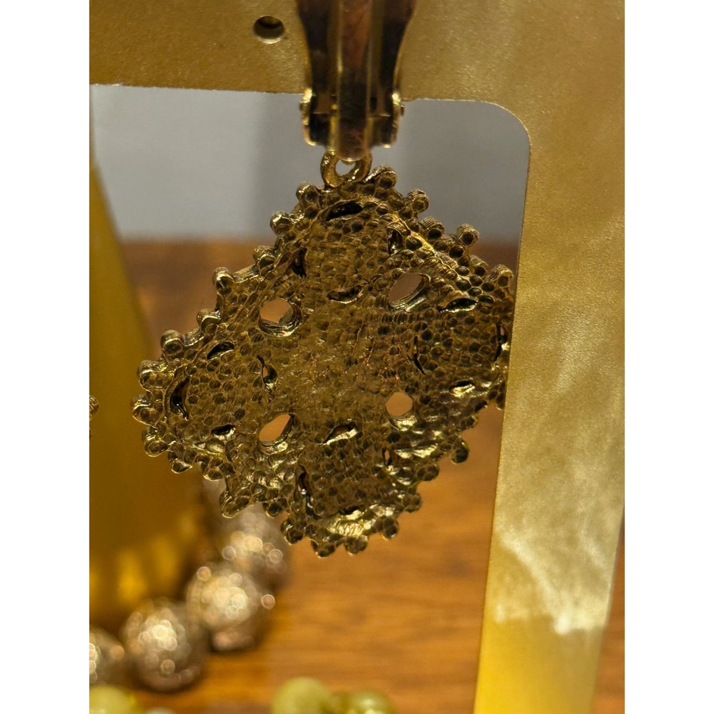 Vintage 1960's Gold Clip-On Earrings With Pink Starburst Cabochon & Ornate Design