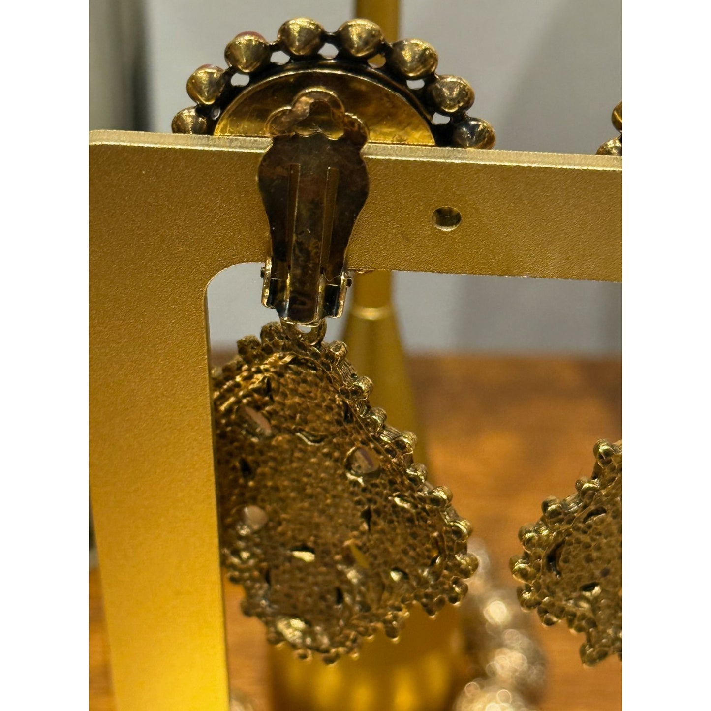 Vintage 1960's Gold Clip-On Earrings With Pink Starburst Cabochon & Ornate Design