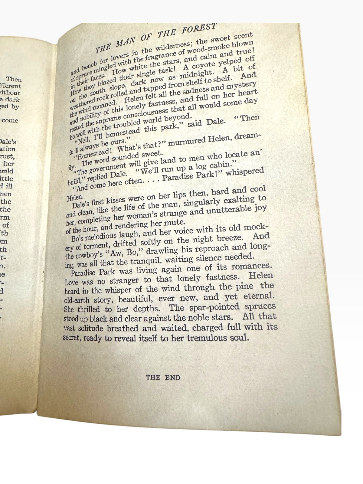 Close-up of the final page of The Man of the Forest by Zane Grey showing age-toned paper and printed text.