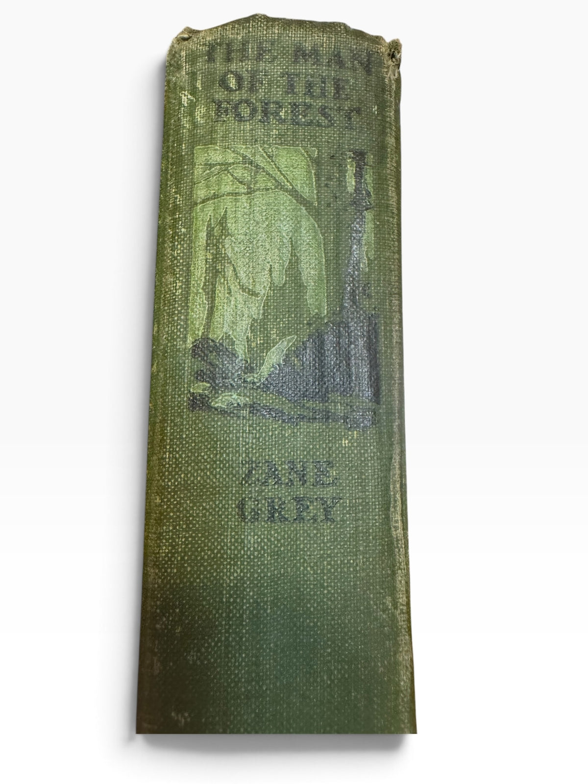 Spine of The Man of the Forest by Zane Grey, 1920 edition, featuring green pictorial cloth with black illustrations.