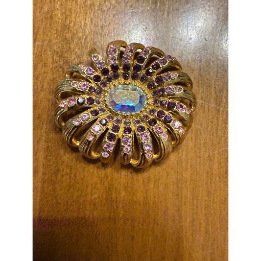 Vintage Gold-Toned Floral Brooch With Purple & Pink Rhinestones Oval Center