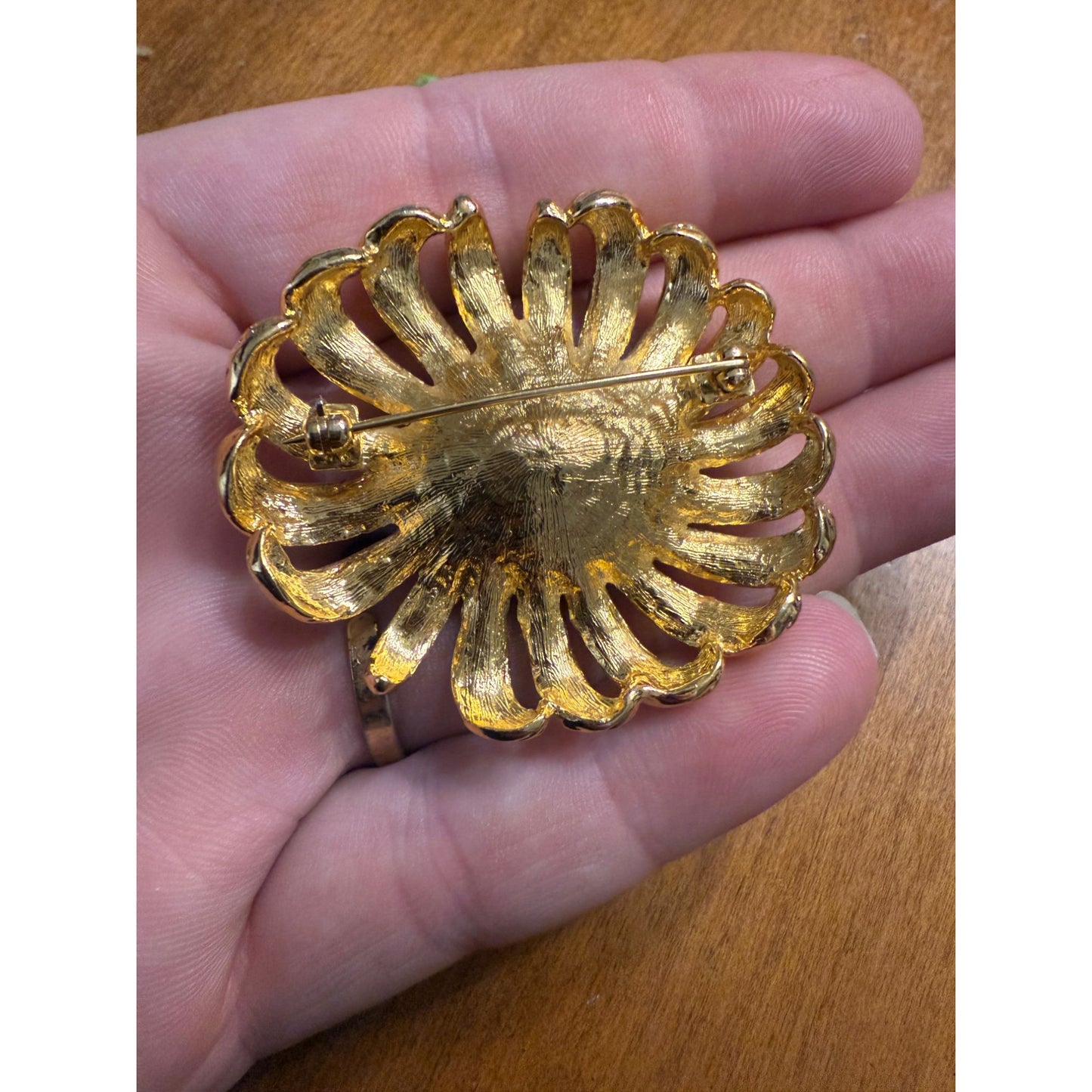 Vintage Gold-Toned Floral Brooch With Purple & Pink Rhinestones Oval Center