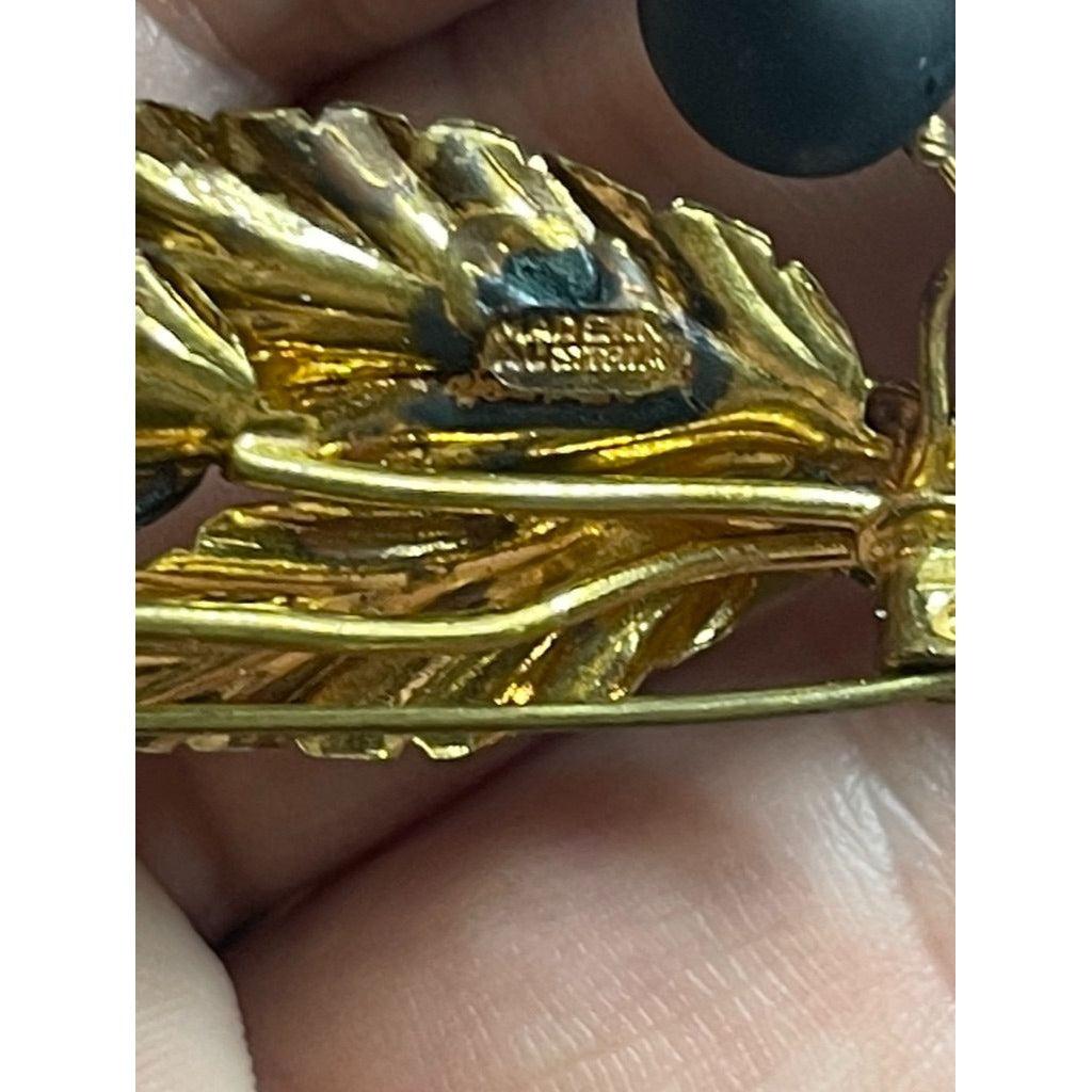 Signed Austrian Made Gold Toned Brooch with Black Enamel and Blue Crystal, Vintage 1950s