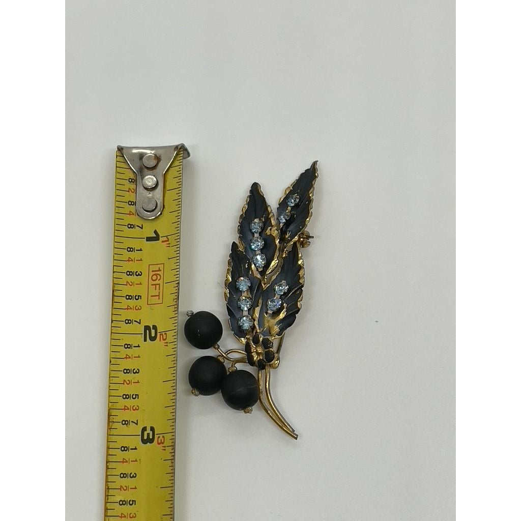 Signed Austrian Made Gold Toned Brooch with Black Enamel and Blue Crystal, Vintage 1950s