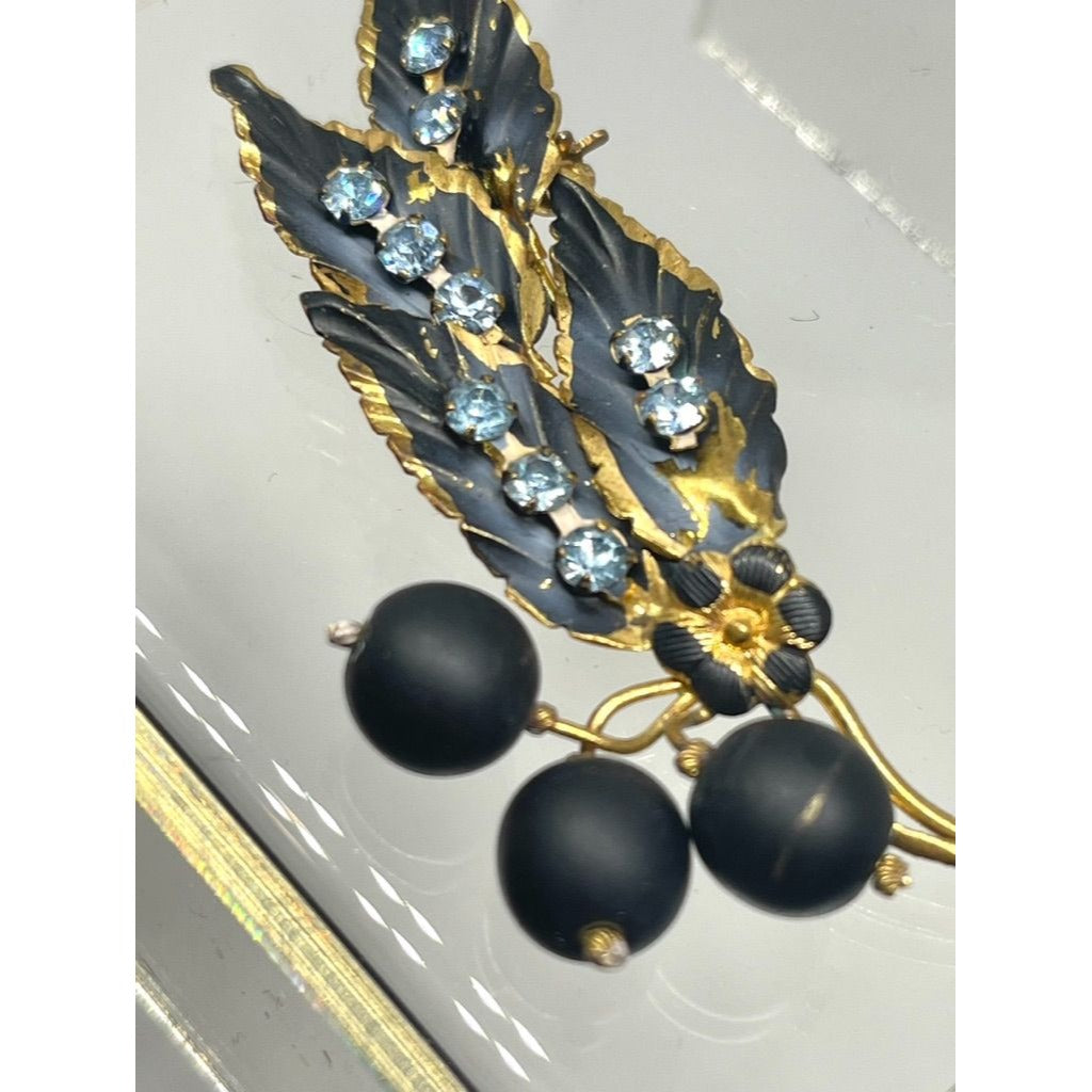Signed Austrian Made Gold Toned Brooch with Black Enamel and Blue Crystal, Vintage 1950s