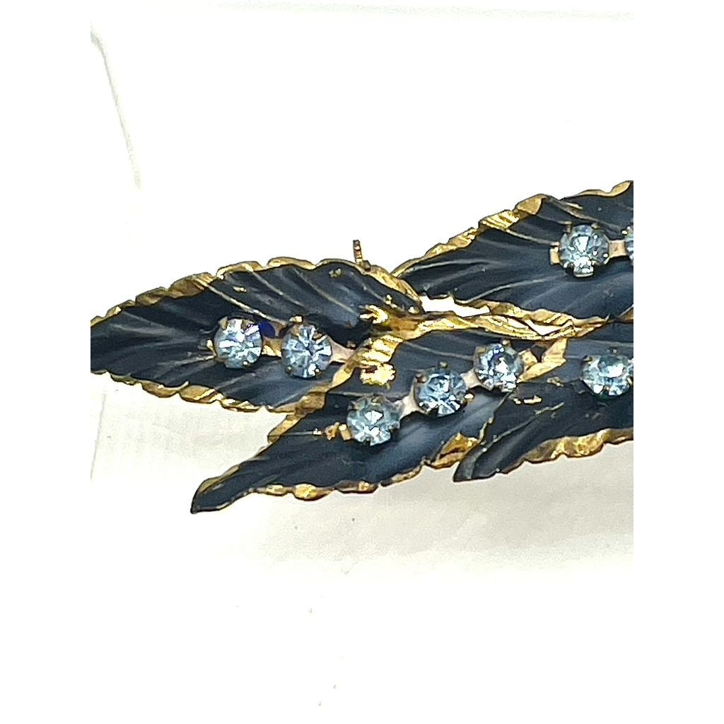 Signed Austrian Made Gold Toned Brooch with Black Enamel and Blue Crystal, Vintage 1950s