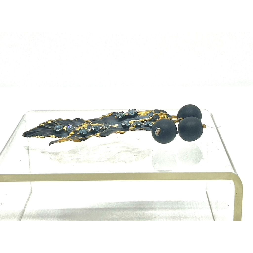 Signed Austrian Made Gold Toned Brooch with Black Enamel and Blue Crystal, Vintage 1950s