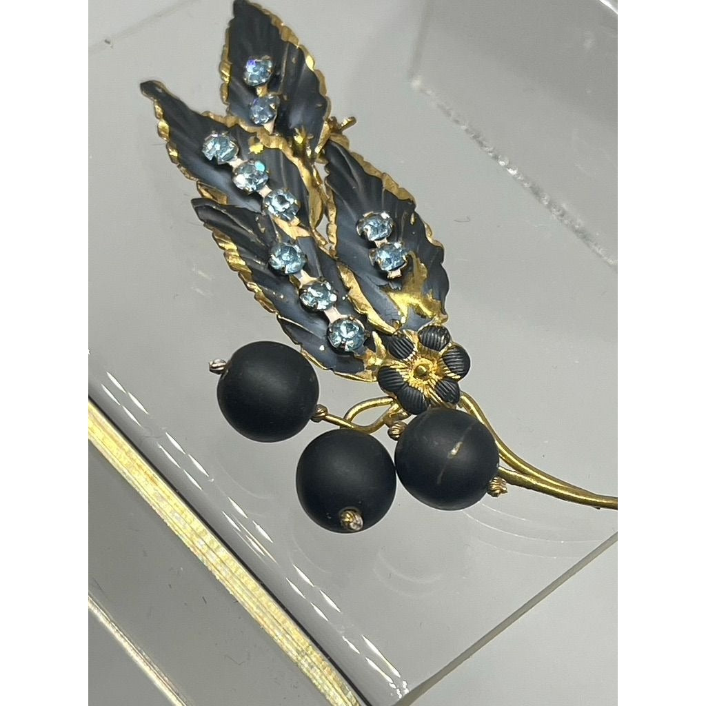 Signed Austrian Made Gold Toned Brooch with Black Enamel and Blue Crystal, Vintage 1950s