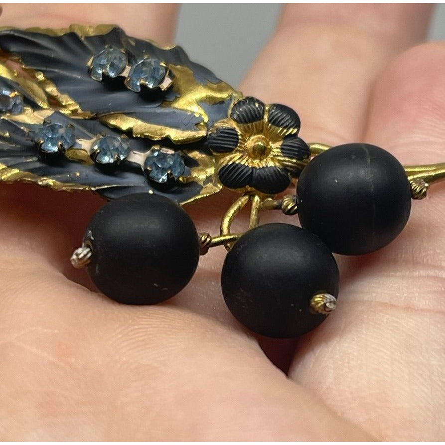 Signed Austrian Made Gold Toned Brooch with Black Enamel and Blue Crystal, Vintage 1950s