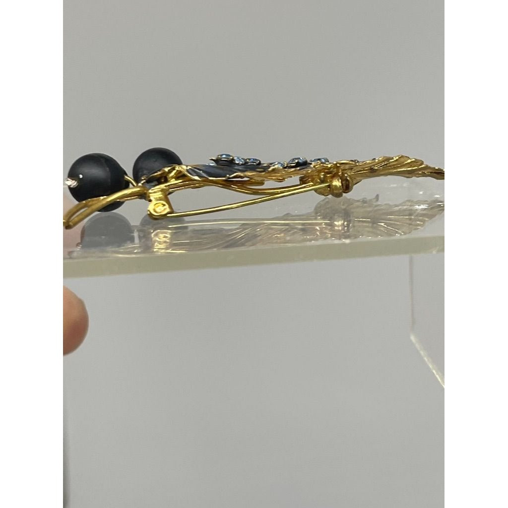Signed Austrian Made Gold Toned Brooch with Black Enamel and Blue Crystal, Vintage 1950s