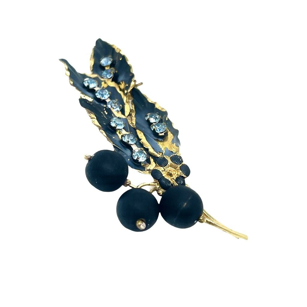 Signed Austrian Made Gold Toned Brooch with Black Enamel and Blue Crystal, Vintage 1950s