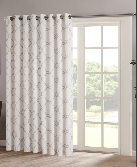 Madison Park Saratoga 100" x 84" Fretwork-Print Grommet Patio Curtain Panel Ivory and Silver