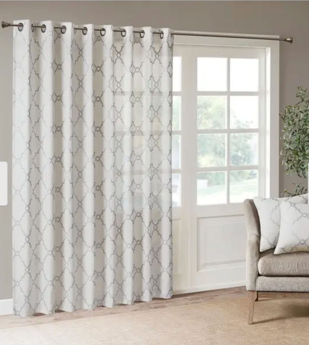 Madison Park Saratoga 100" x 84" Fretwork-Print Grommet Patio Curtain Panel Ivory and Silver