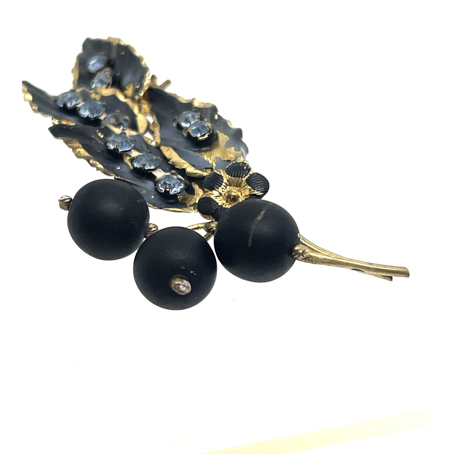 Signed Austrian Made Gold Toned Brooch with Black Enamel and Blue Crystal, Vintage 1950s