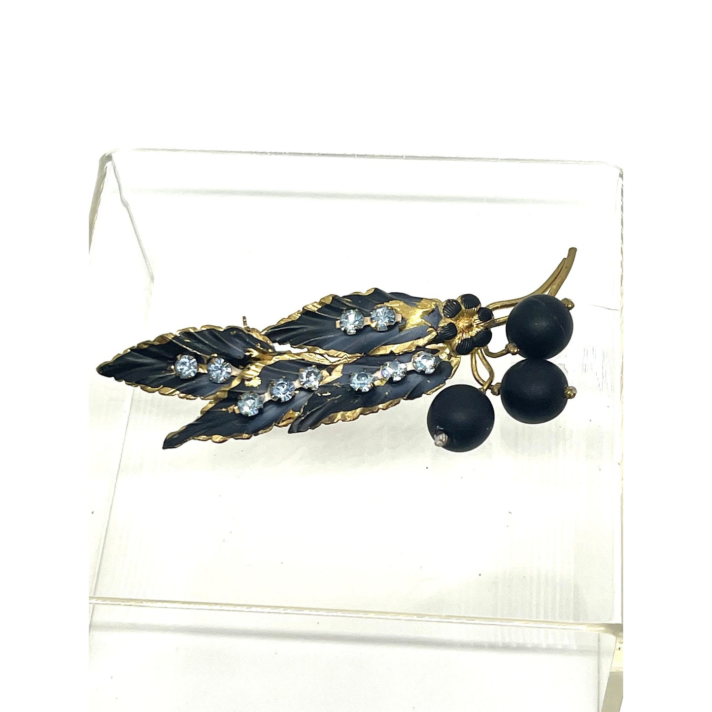 Signed Austrian Made Gold Toned Brooch with Black Enamel and Blue Crystal, Vintage 1950s