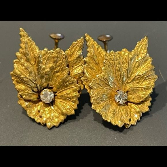 Miriam Haskell Gold Gilded Vintage Leaf Earrings
