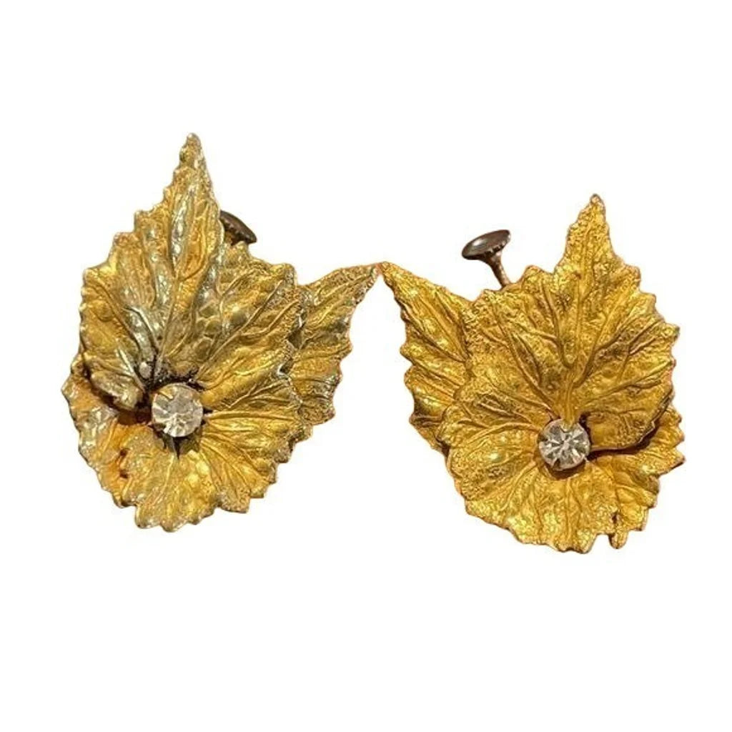 Miriam Haskell Gold Gilded Vintage Leaf Earrings
