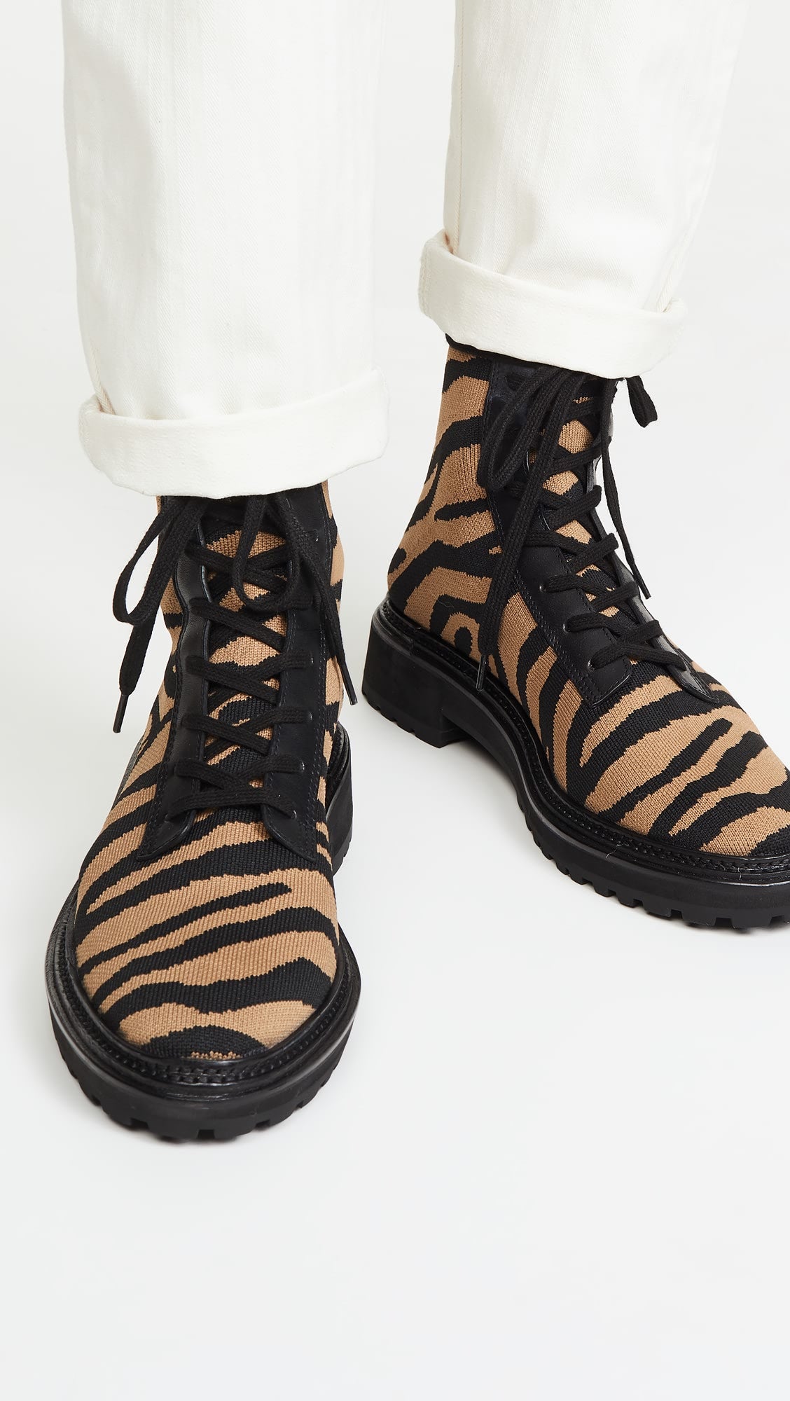 Loeffler Randall Brady Tiger Stripe Brown and Black Knit Lace-up Boots SIZE 7.5
